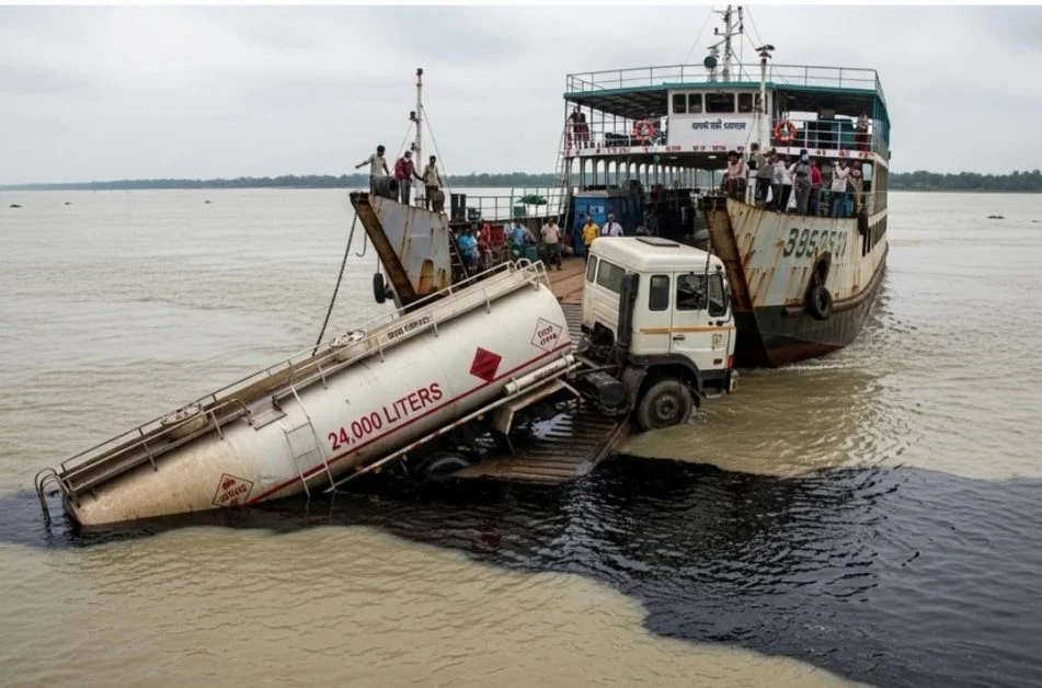 নিয়ন্ত্রণ হারিয়ে পদ্মায় লরি, ডুবল ২৪ হাজার লিটার তেল