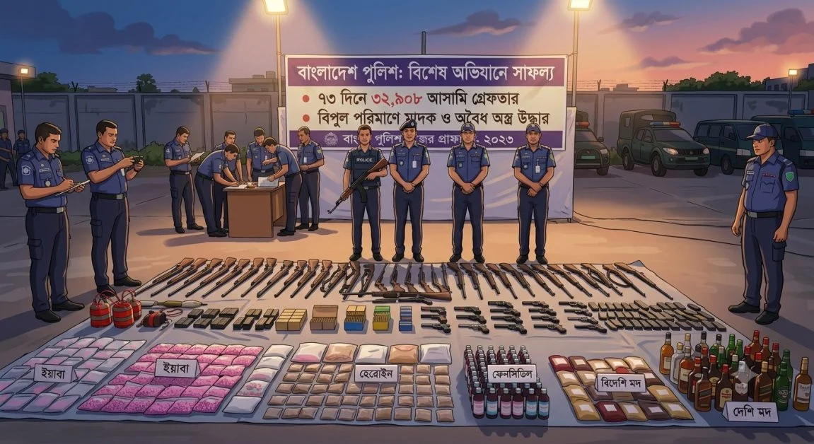 ৭৩ দিনের বিশেষ অভিযান: বাংলাদেশে প্রায় ৩৩ হাজার আসামি গ্রেফতার, বিপুল পরিমাণ অ’স্ত্র ও মা”দক উদ্ধার